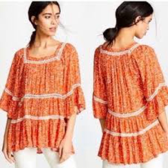 Free People Talk About It Tunic in Orange w/ Crochet Detail | Flowy | Floral - Picture 4 of 11